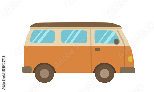 Van or camper van vector in flat cartoon style isolated on white background. Bus clipart. Transportation. Vacation or camping element.