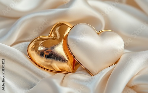 Pair of gold and pearl white heart shapes on flowing satin, blending romance and elegance in a dreamy composition.