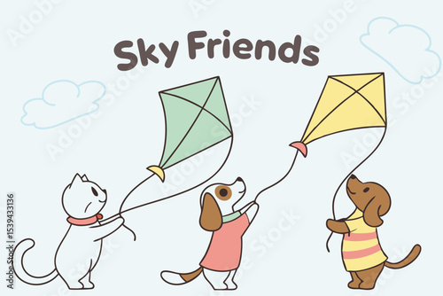 Cute animal friends flying kites playful doodle illustration