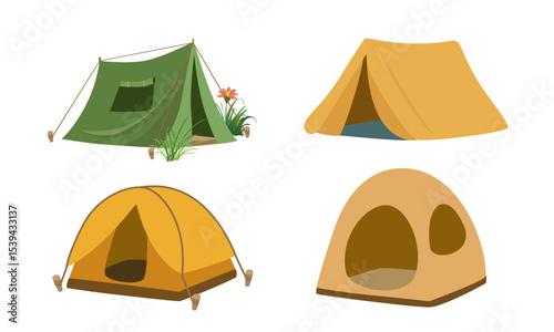 Tent vector set. Camping or picnic tent clipart set in flat design. Outdoor adventure equipment vector in cartoon style isolated on white background.
