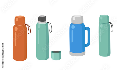 Thermos or Insulated bottle vector set with close and open cap. Thermal bottle clipart set. Vacuum flask, thermal flask. Flat vector in cartoon style isolated on white background.
