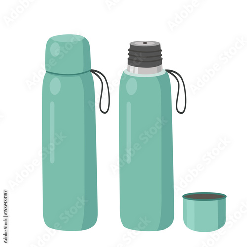 Thermos or Insulated bottle vector set with close and open cap. Thermal bottle clipart set. Vacuum flask, thermal flask. Flat vector in cartoon style isolated on white background.