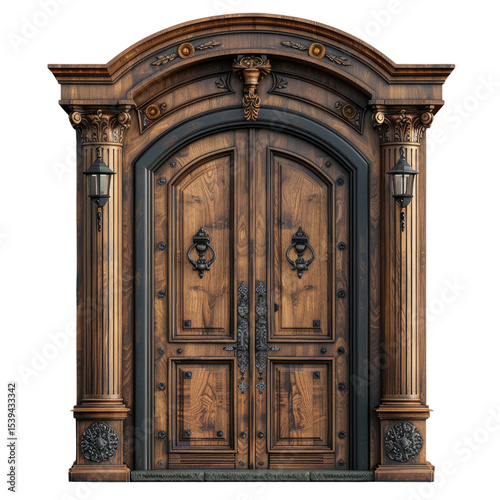 Elegant Ornate Double Wooden Door Entryway with Arch and Columns Architectural Design Element