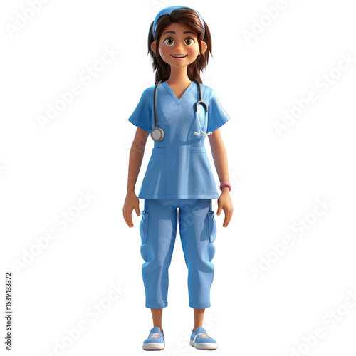 Cheerful Cartoon Nurse Character Wearing Scrubs and Stethoscope Ready for Healthcare Design Projects