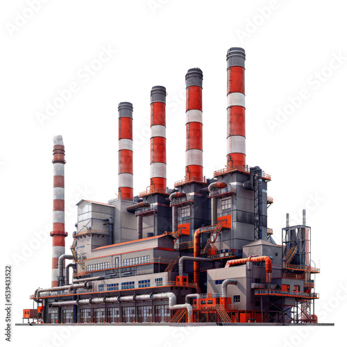 Industrial Power Plant with Red and White Striped Chimneys against a Black Background a detailed 3D rendering of a large industrial facility