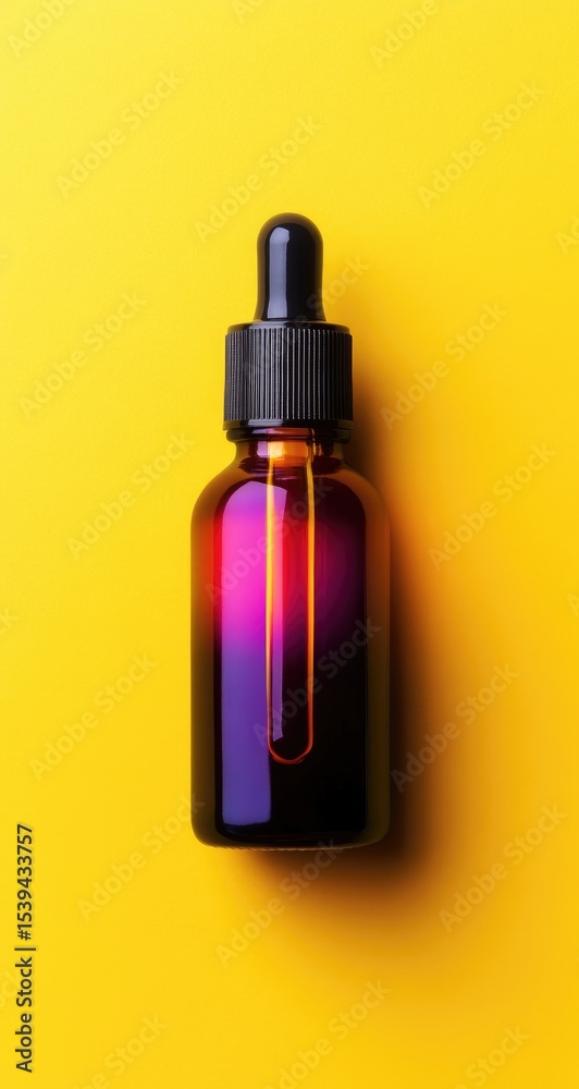 Amber glass dropper bottle with dark purple ombre color, positioned on a vibrant yellow background Amber glass dropper bottle with dark purple ombre color, positioned on a vibrant yellow background