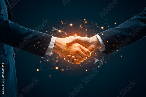 hands shaking, a glowing orange light emanating handshake, a network of interconnected lines and glowing nodes, Businessmen handshake with a global stock market graph and network connection background