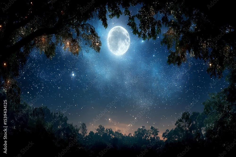 Fototapeta premium Moonlit Night Starry Sky Forest Scene Peaceful Nature Wallpaper