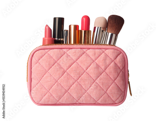 A beautiful quilted leather cosmetic bag with full of makeup and beauty products isolated against a transparent background 