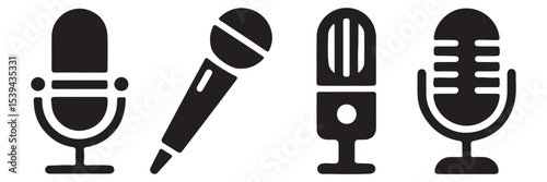 Microphone icons set. Karaoke mic. Podcast microphone. Collection of microphone silhouettes. Vector illustration