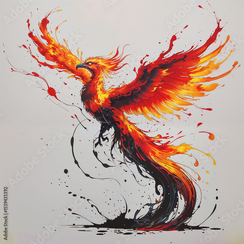 A phoenix mid-flight formed by paint splatters and flame-like ink trails in reds, oranges, and yellows