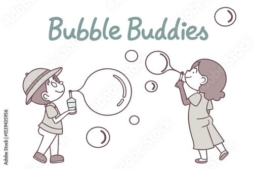 Happy children blowing bubbles friendly hand drawn illustration