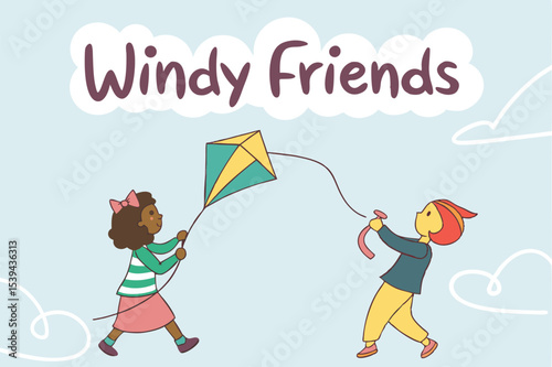 Happy kids flying kites playful doodle illustration