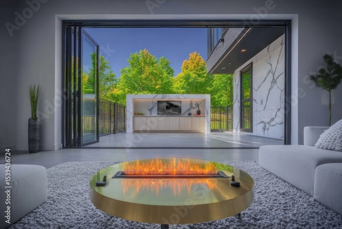 Modern home interior with outdoor patio view