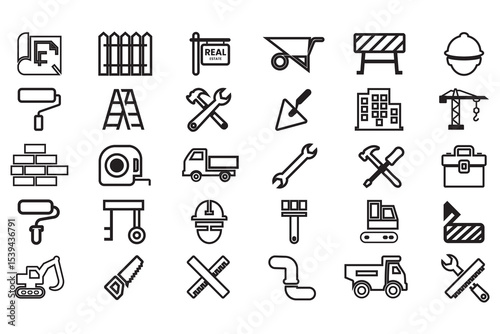 Bundle of real estate and construction vector icon element. The icon including crane, truck, hammer, vehicle, helmet, paint brush, ladder, brick, excavator, engineering building tools and more icon