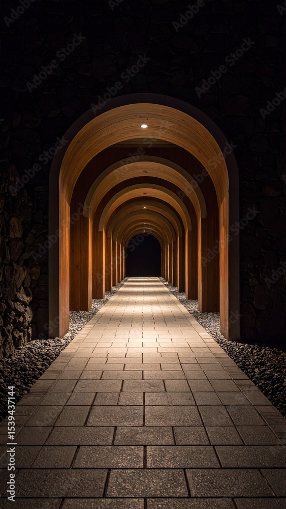 Fototapeta premium Serene Nighttime Pathway Illuminated Archway Tranquil Wellness Retreat.