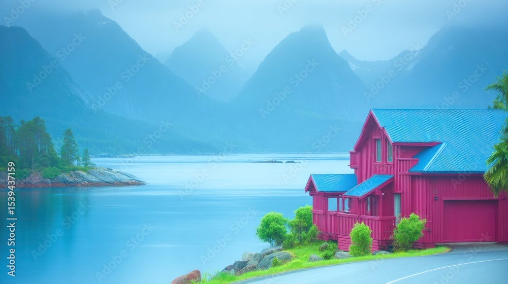 Naklejka premium Misty mountain lake scene with a red house