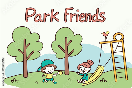 Happy kids playing in park fun doodle illustration