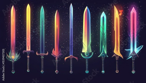 Row of vibrant, colorful fantasy swords