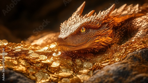 Magnificent golden dragon resting on a shimmering hoard of golden coins