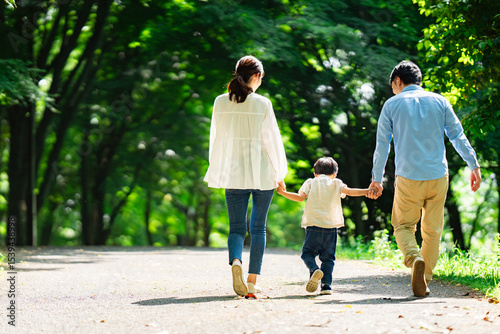 手を繋いで歩く家族の後ろ姿