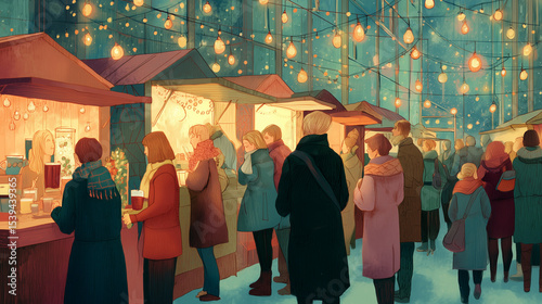Christmas Market with Glowing Stalls and Winter Crowd Illustration