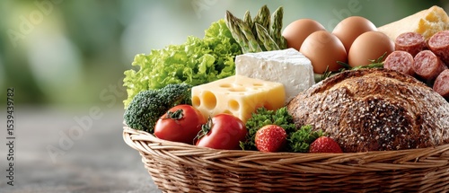 Fresh Groceries in Basket  Healthy Food  Produce  Dairy  Bread  Eggs