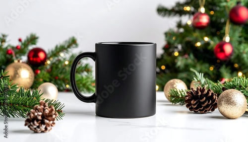 Black mug with Christmas tree background.