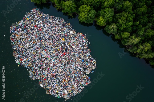 Piles of discarded clothing polluting rivers and landfills, wallpaper, depicting the environmental impact of fast fashion waste, underwater