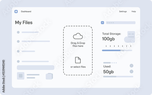 User interface design for my files cloud storage drag and drop uploading and storage capacity display.