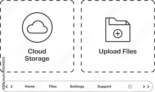 Conceptual icons representing cloud storage, uploading files, and navigation menu for digital applications