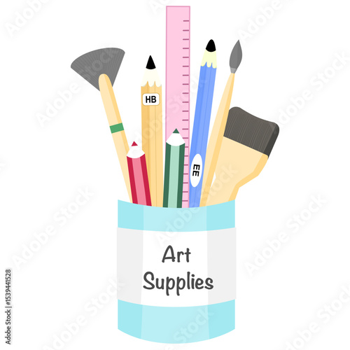 A cylinder holds art supplies including pencils, rulers, paintbrushes, and colors