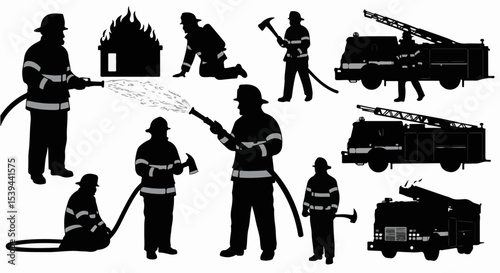 Firefighter Silhouettes Action Poses Firetruck Emergency Safety Graphic