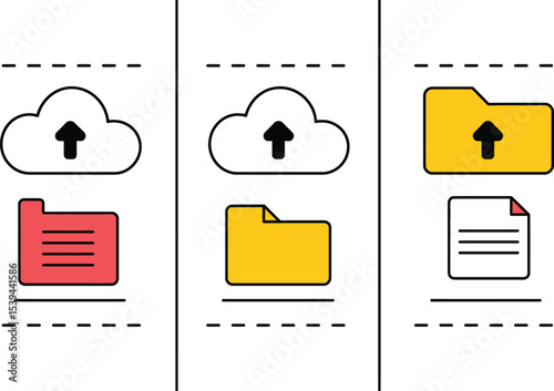 Data upload cloud storage concept illustrations with color variations of folders and documents.