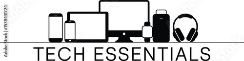 Black and white illustration of modern tech gadgets representing essential devices for everyday use.