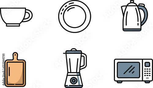 Vector illustration of kitchen appliances and utensils including a plate cup blender and microwave