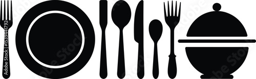 Black and white illustration of a formal table setting with silverware and serving dishes.