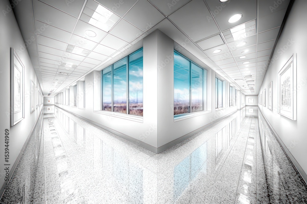 Fototapeta premium Modern hospital corridor with city views