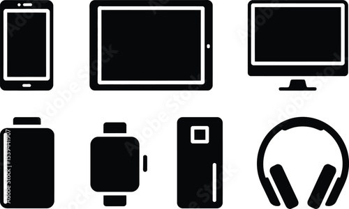 Vector illustration of a set of various modern digital devices and gadgets in monochrome black style.