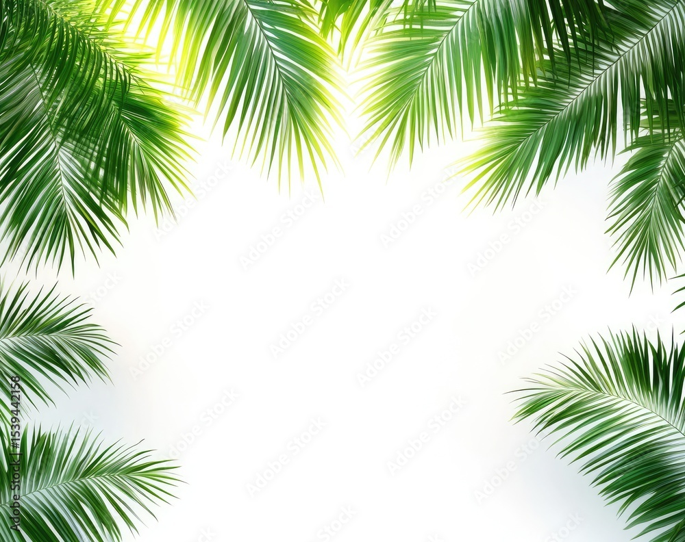 Fototapeta premium Tropical palm leaves frame a bright white background