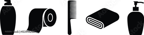 Vector illustration of bathroom essentials including soap shampoo toilet paper comb and towel
