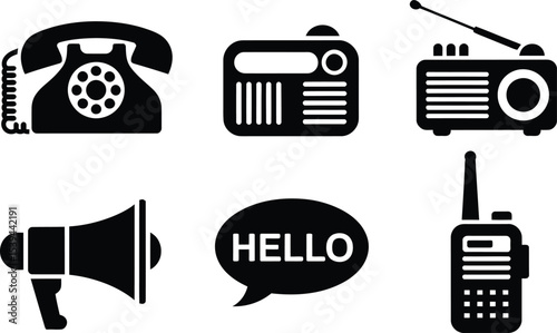 Vector illustration of communication devices including a phone radio and walkie talkie in black and white