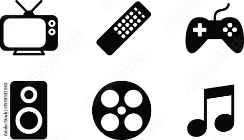 Set of black media and entertainment icons including tv remote control game controller and speakers