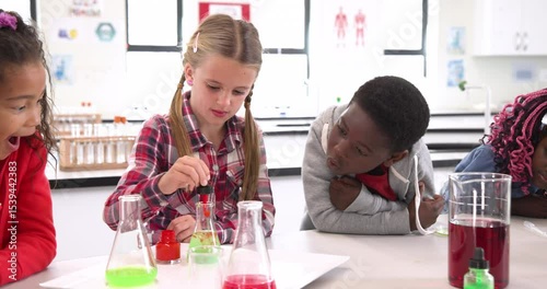 In school lab, diverse kids experimenting with colorful liquids, showing excitement