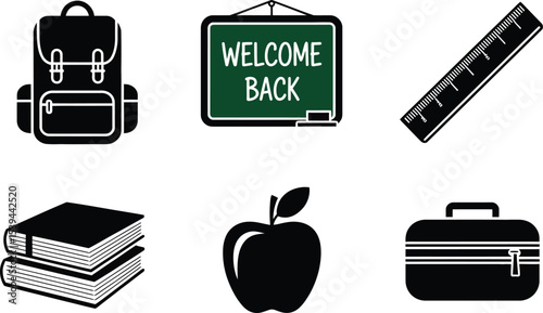 Black and white school icons representing back to school supplies and welcome greeting on a blackboard