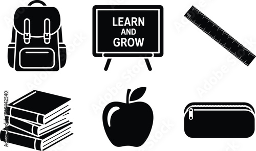 Simple black and white school icons perfect for educational illustrations and learning concepts