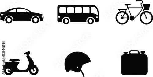 Black silhouette icons representing transportation options including car bus bicycle scooter and safety helmet
