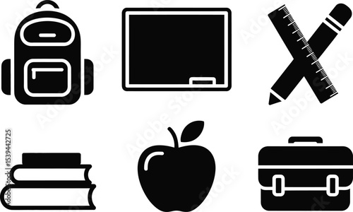 Educational icons black and white design featuring school supplies for classroom lessons and studies