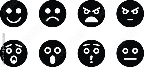 Diverse set of black and white emoji faces expressing various emotions and feelings on a white background