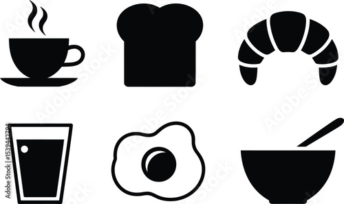 Simple black and white breakfast icons including coffee toast croissant egg and cereal bowl